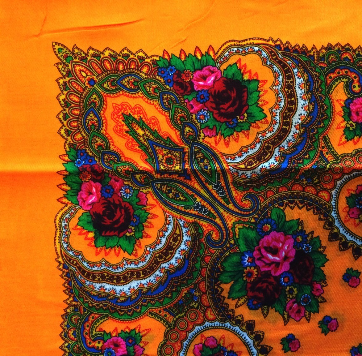 Bright orange vintage tichel with paisley pattern