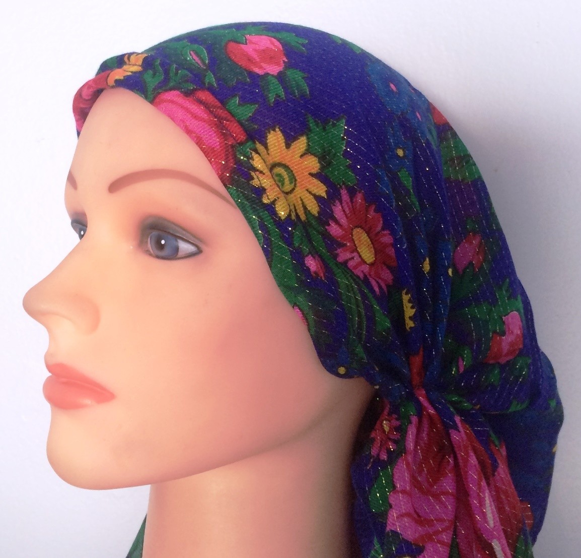 Pre tied tichel vintage style bright blue
