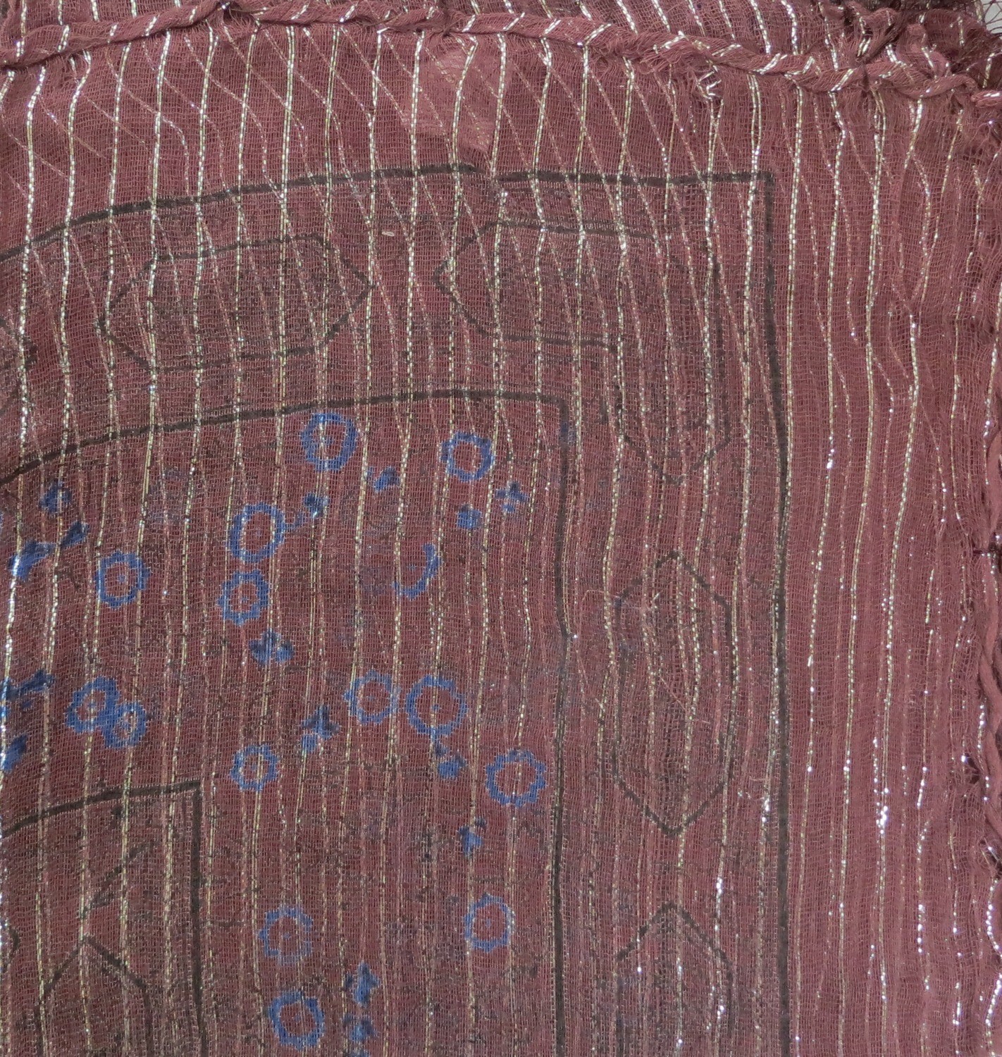Brown lurex tichel with blue berry flowers