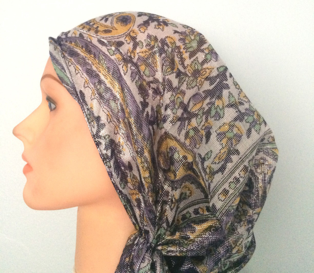 Shimmering pre tied tichel purple