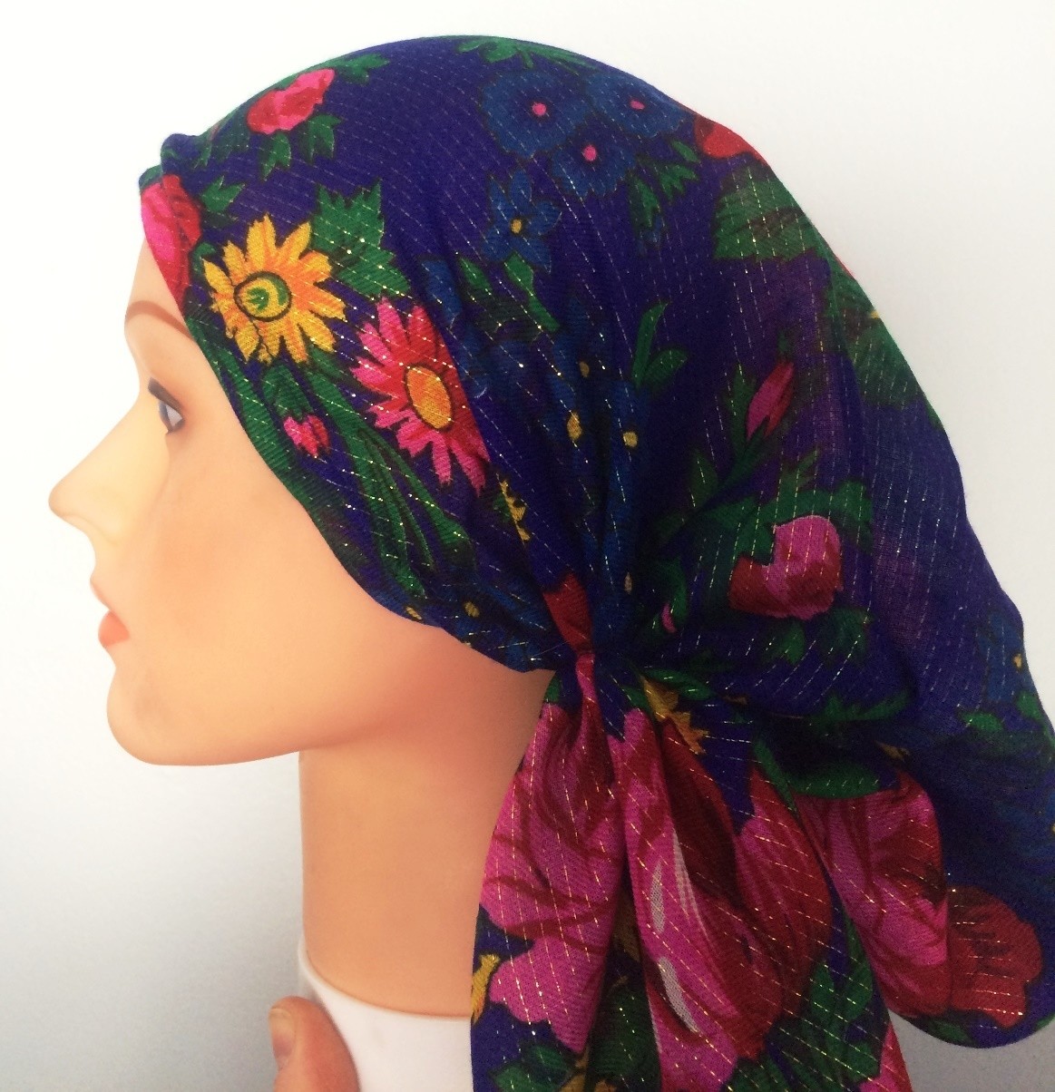 Pre tied tichel vintage style bright blue