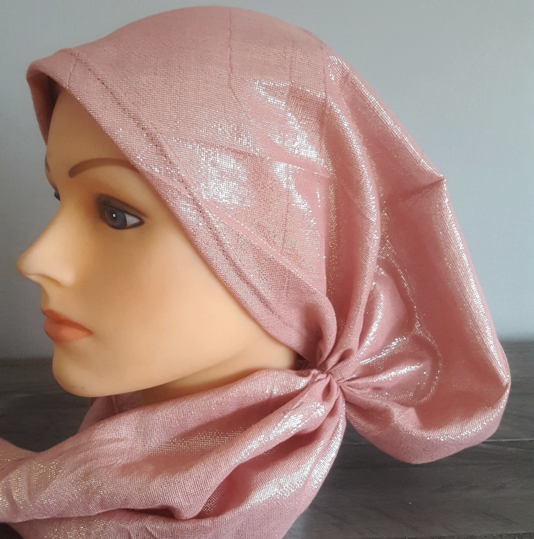 Light rose/taupe shimmering pre tied tichel
