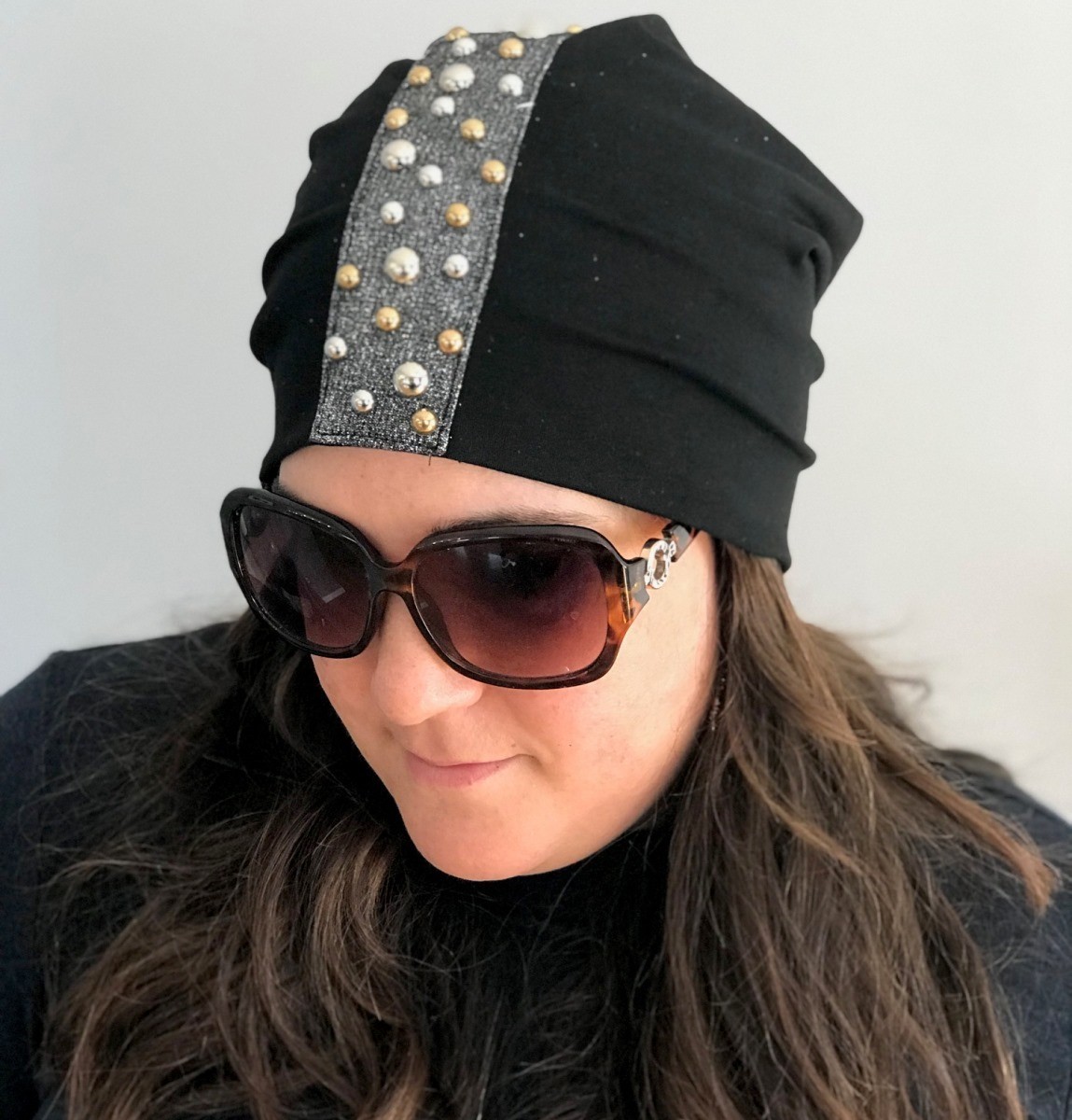 Black extra fancy center stripe beanie