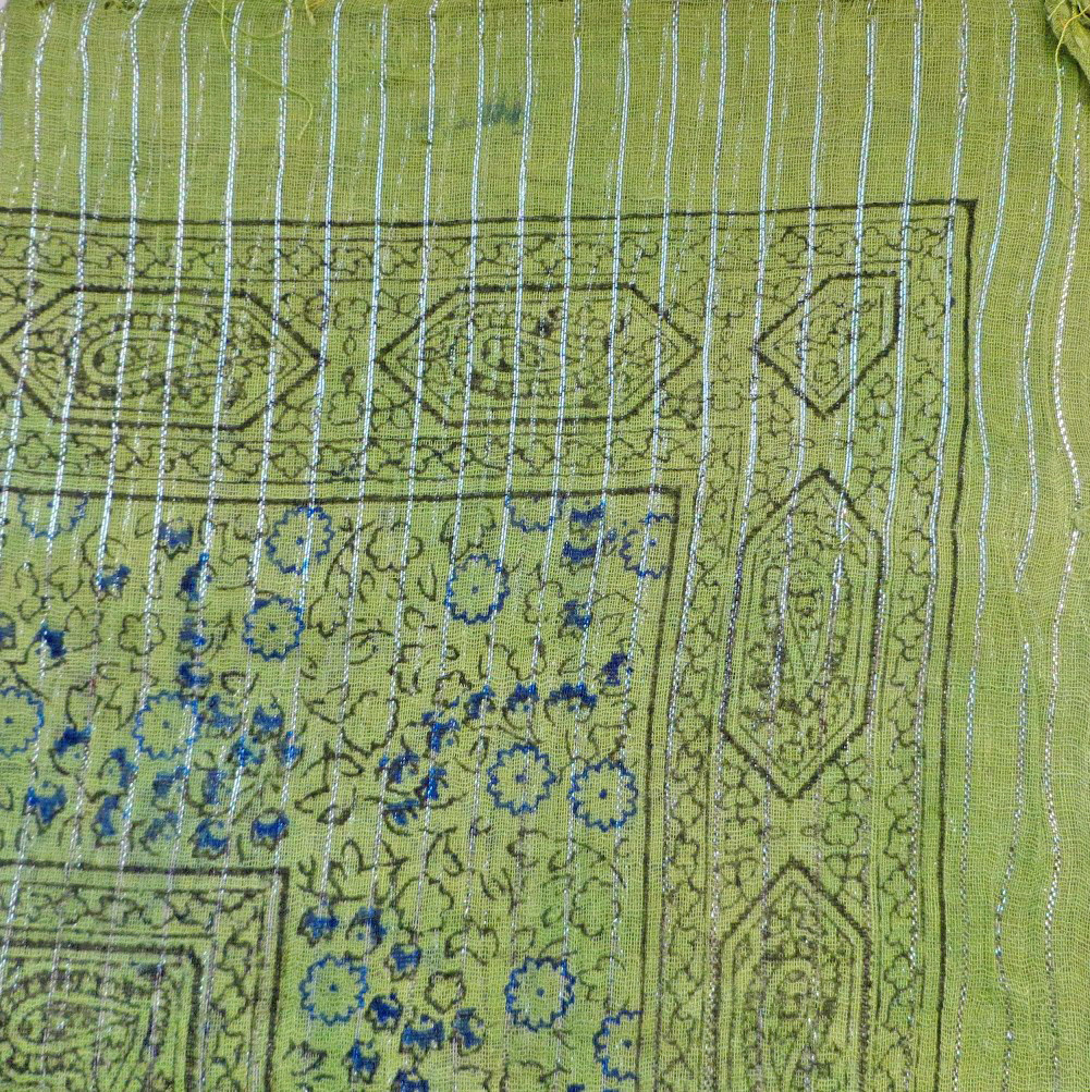 Green lurex tichel with blueberry flowers