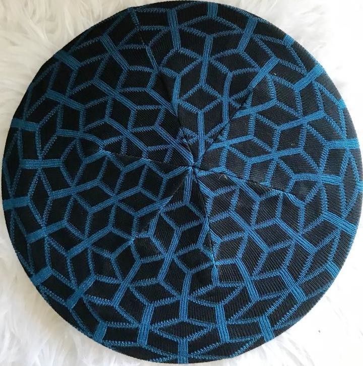 Black/denim mosaic pattern beret/snood