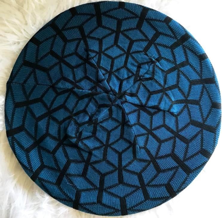 Denim/black mosaic pattern beret/snood