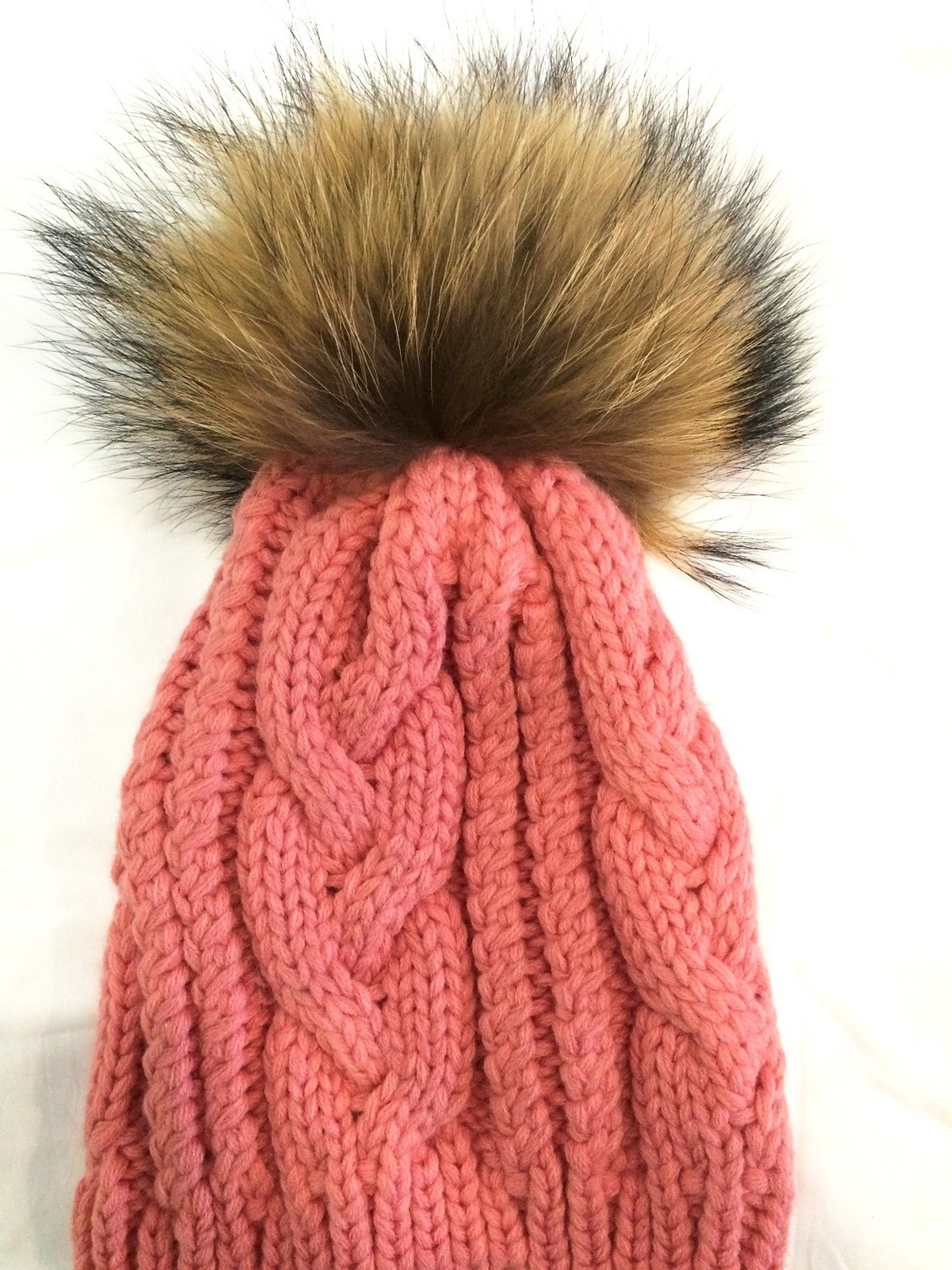 Dusty pink cable knit fur pom pom hat