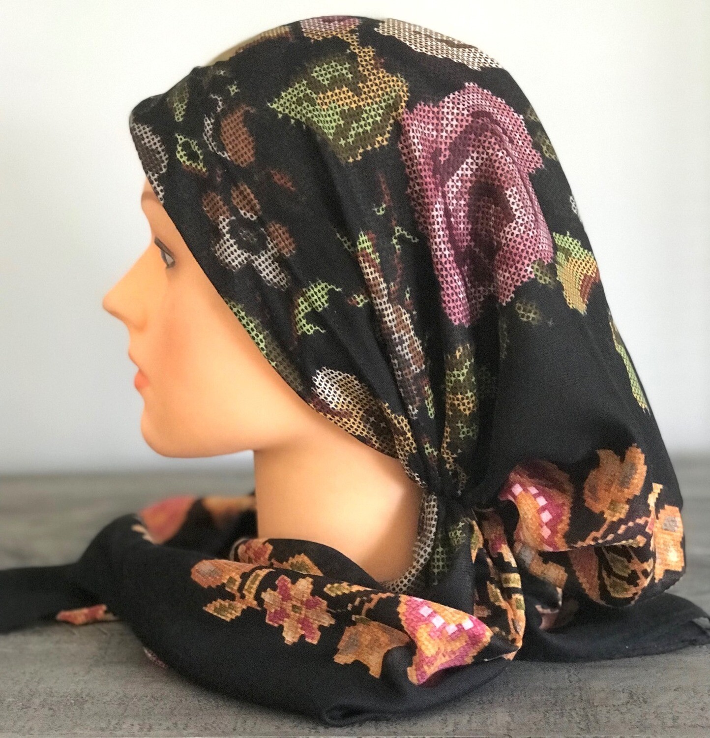 Black pretied Turkish Tichel w/band sewn in