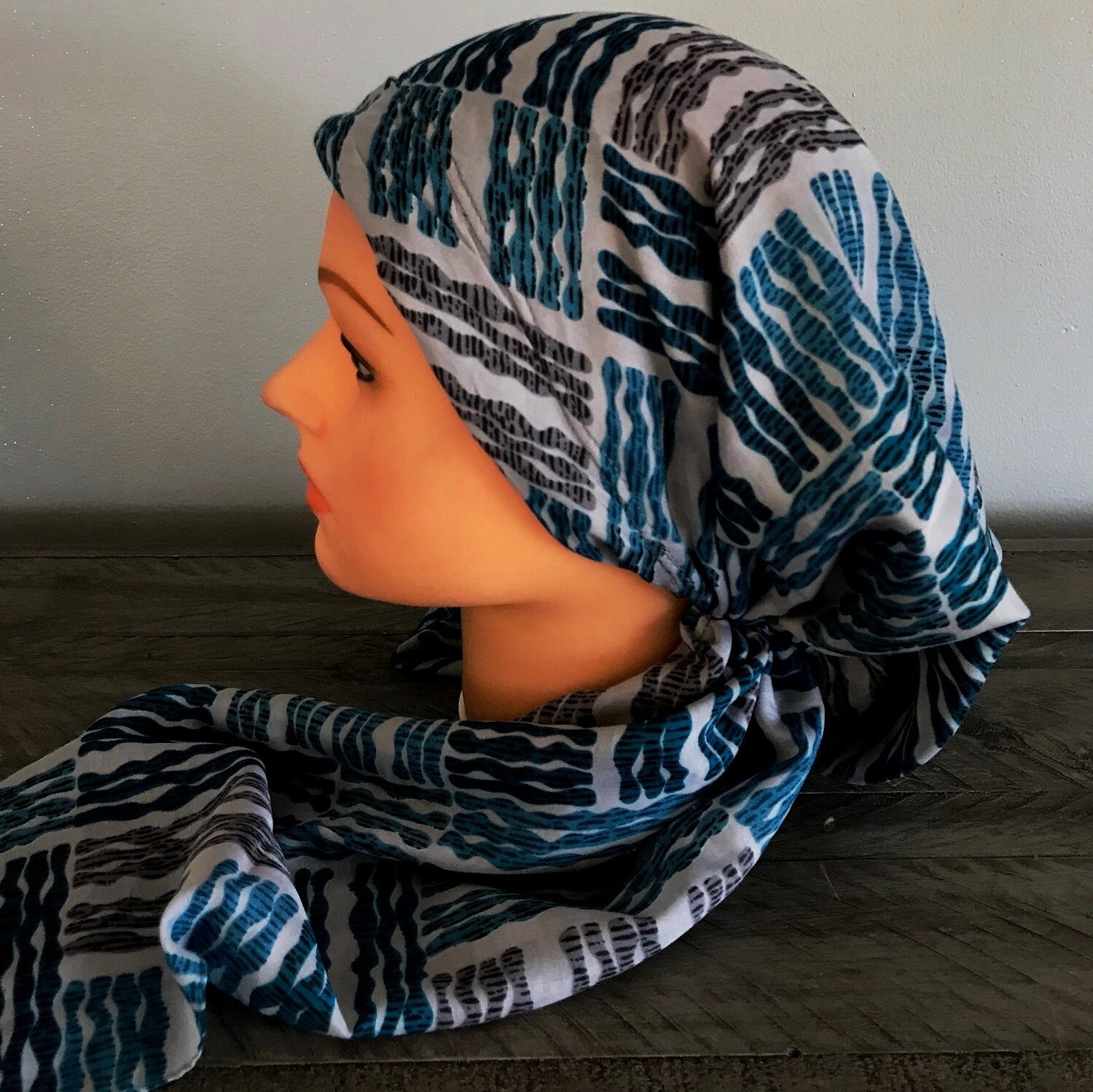Gray and blue pretied Turkish Tichel
