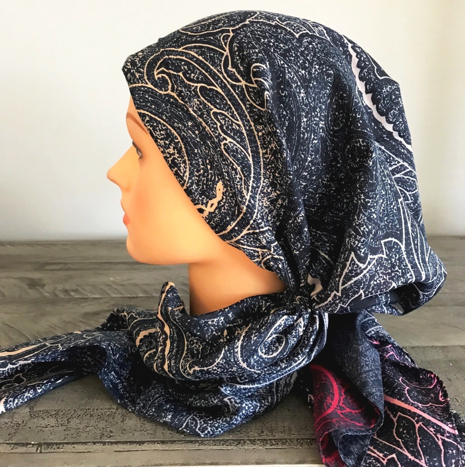 Navy pretied Turkish Tichel w/band sewn in