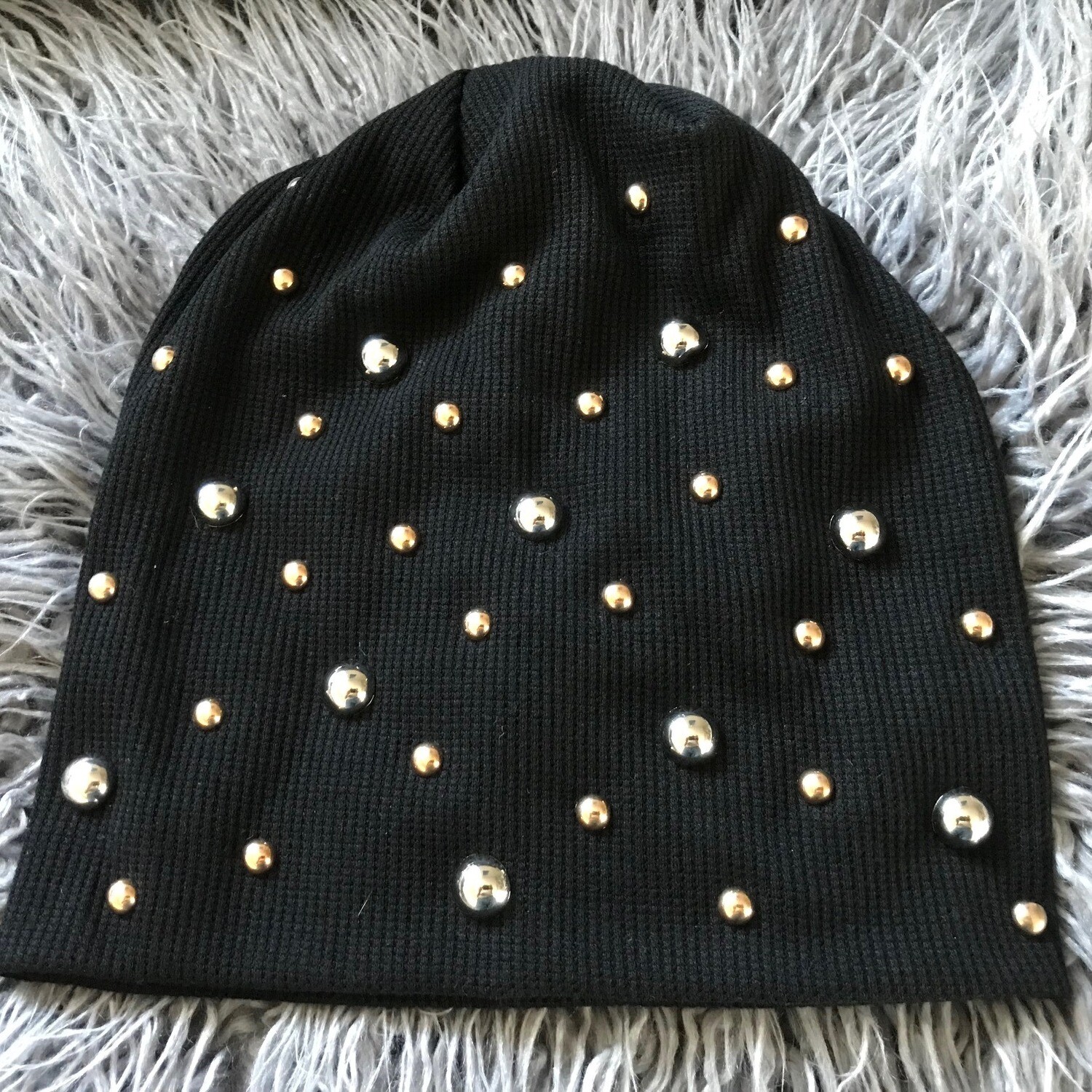 Black glamorous waffle cotton beanie