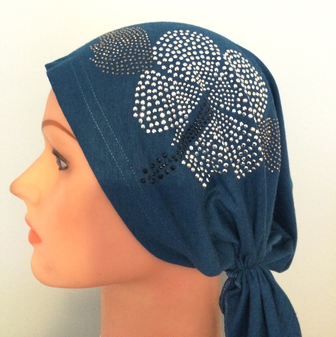Teal pre tied tichel with applique