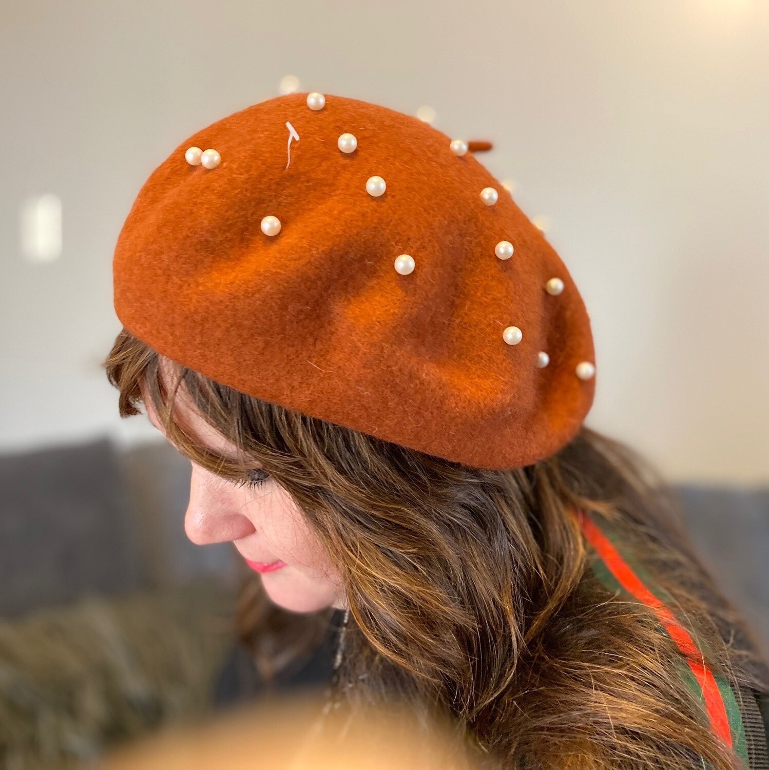 Burnt orange wool beret w/pearls