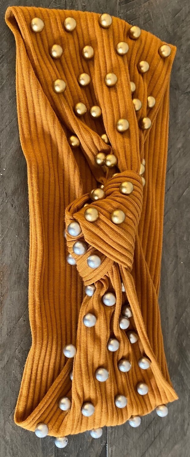 Knot caramel headband with pewter and bronze pearls