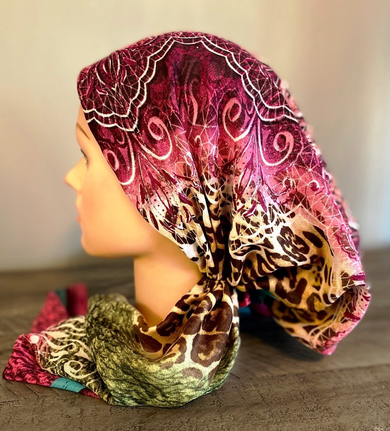 Multi colored with animal pattern pretied Turkish Tichel