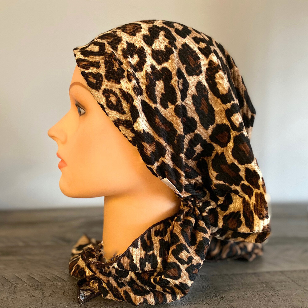 brown animal print stretchy pretied tichel