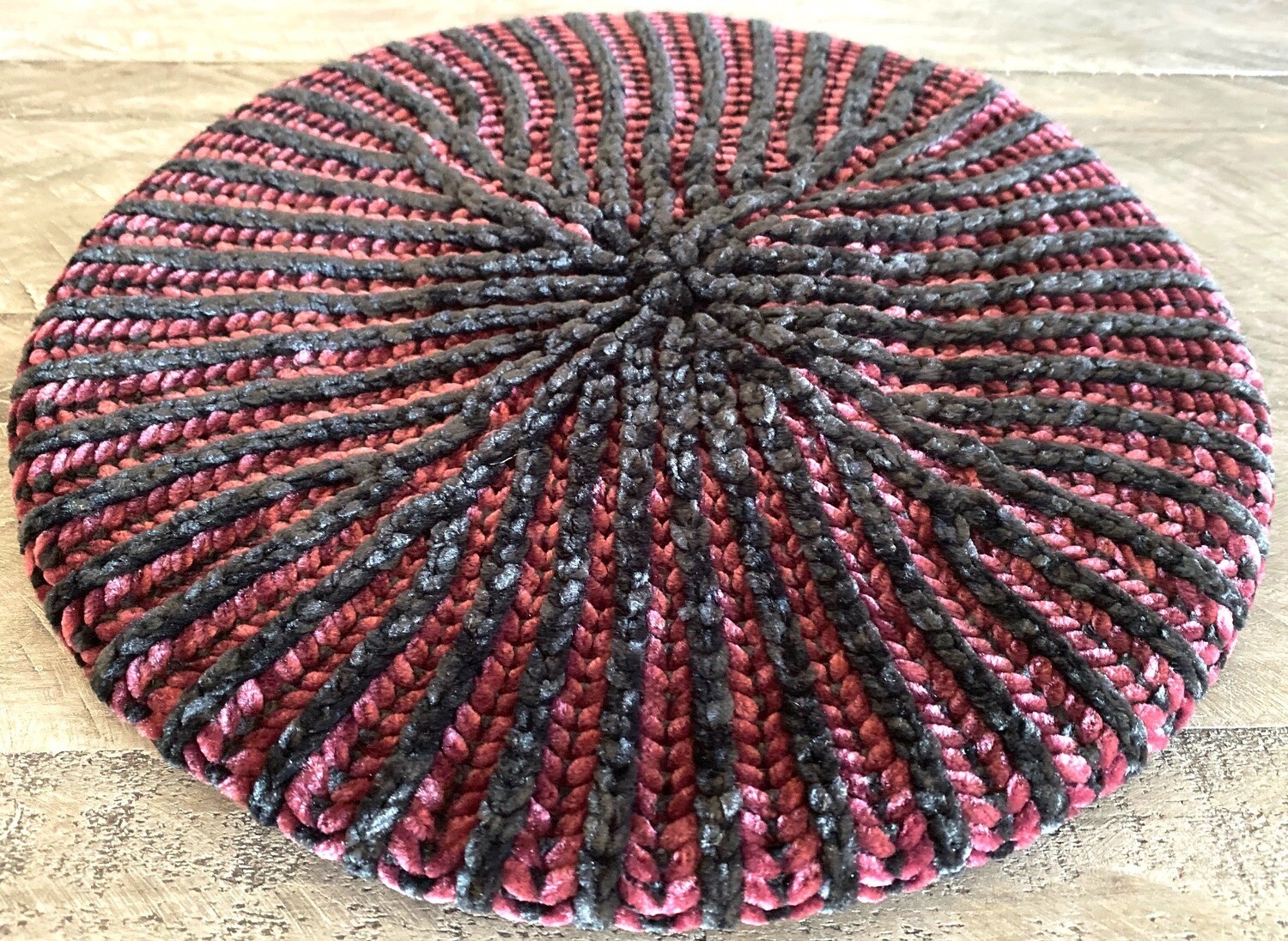 Two color ribbed velvet beret/snood (black/burgundy)