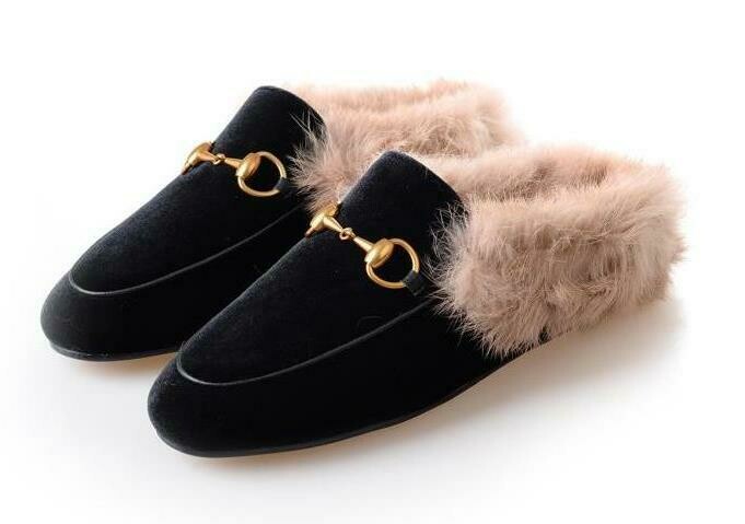 Black Velvet slide mules with natural fur lining (LAST ONE SIZE #8.5 (250)