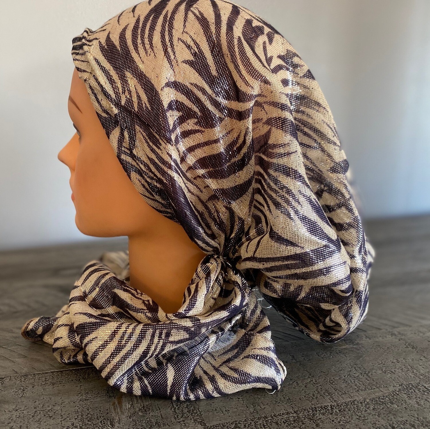 Gold zebra print shimmer pretied tichel, choose: plain