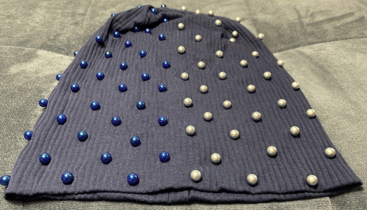 navy ribbed w/blue and pewter pearls
