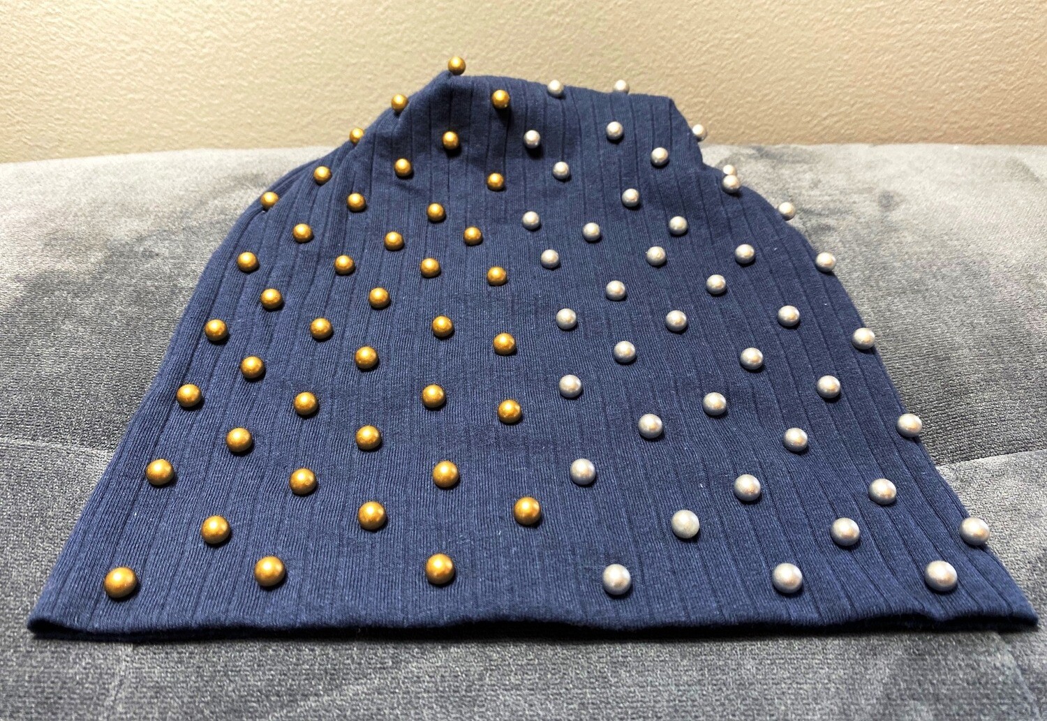 Navy wide ribbed w/dull bronze and pewter pearls