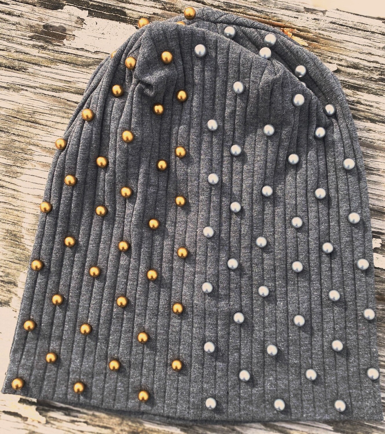 Dark gray wide ribbed w/dull bronze and pewter pearls