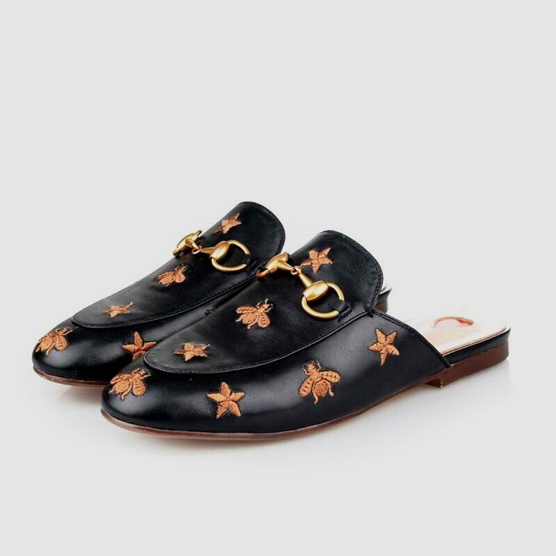 Black leather slide mules w/bugs n stars
