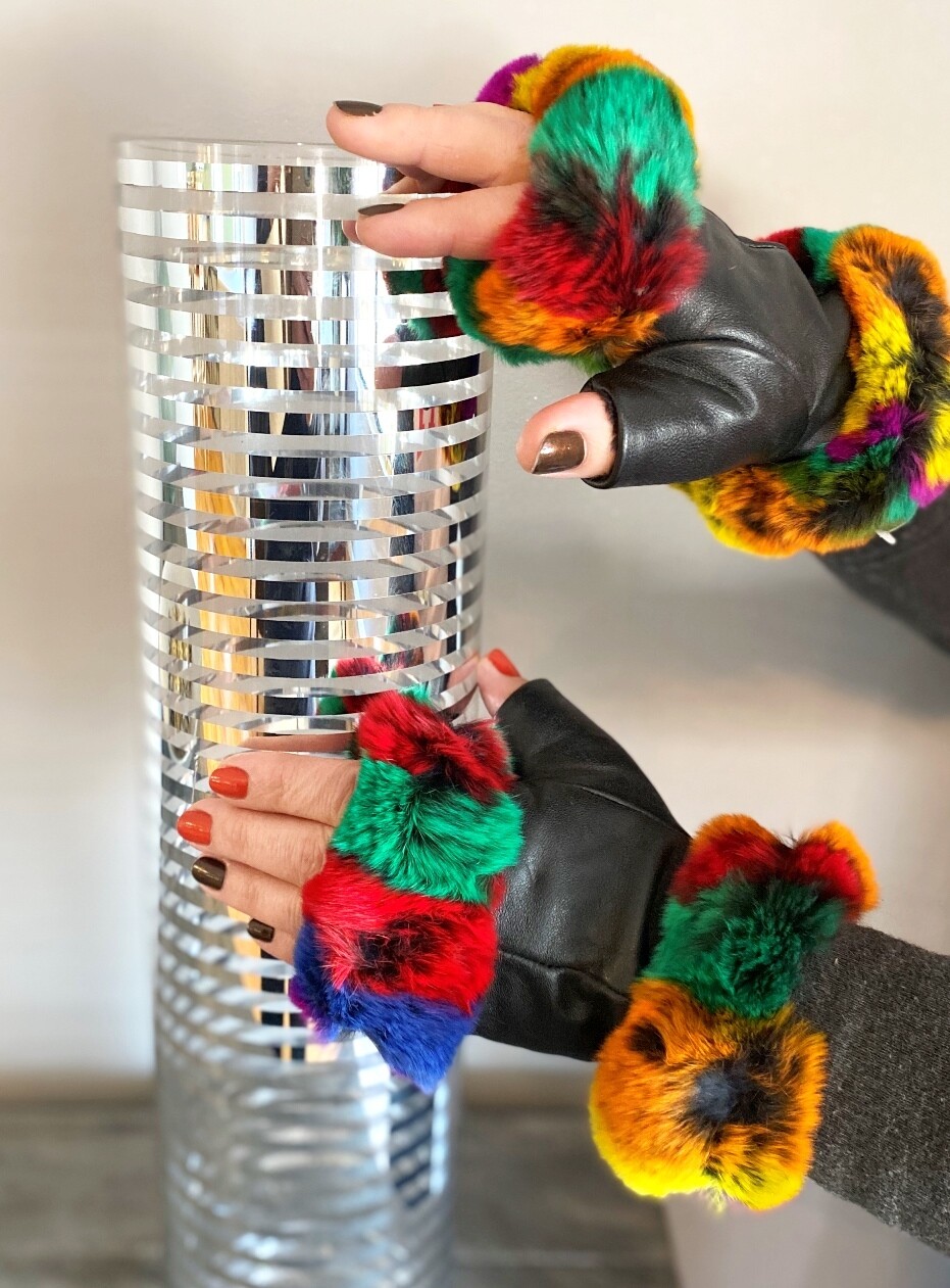 colorful fur fingerless leather gloves