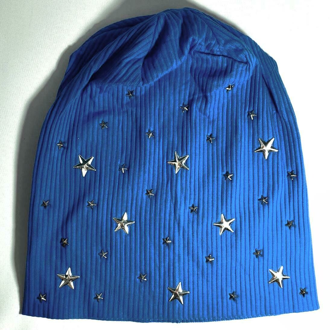 Blue (dull)  ribbed beanie w/small stars