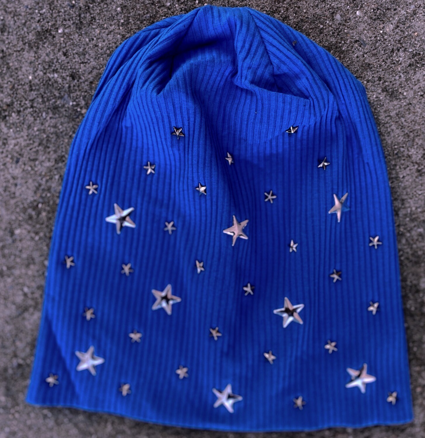Blue (dull)  ribbed beanie w/small stars