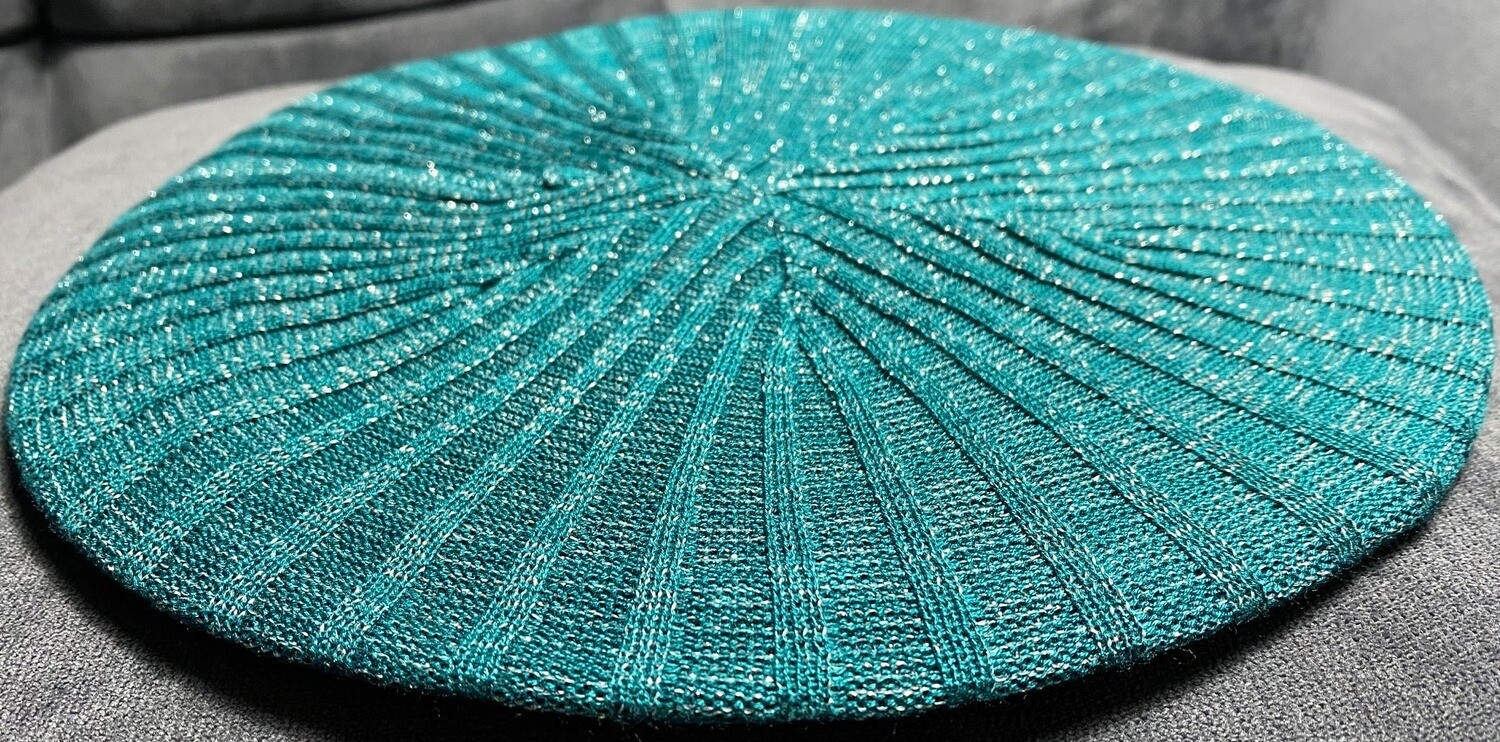 Teal green lightweight lined beret/snood w/silver threads