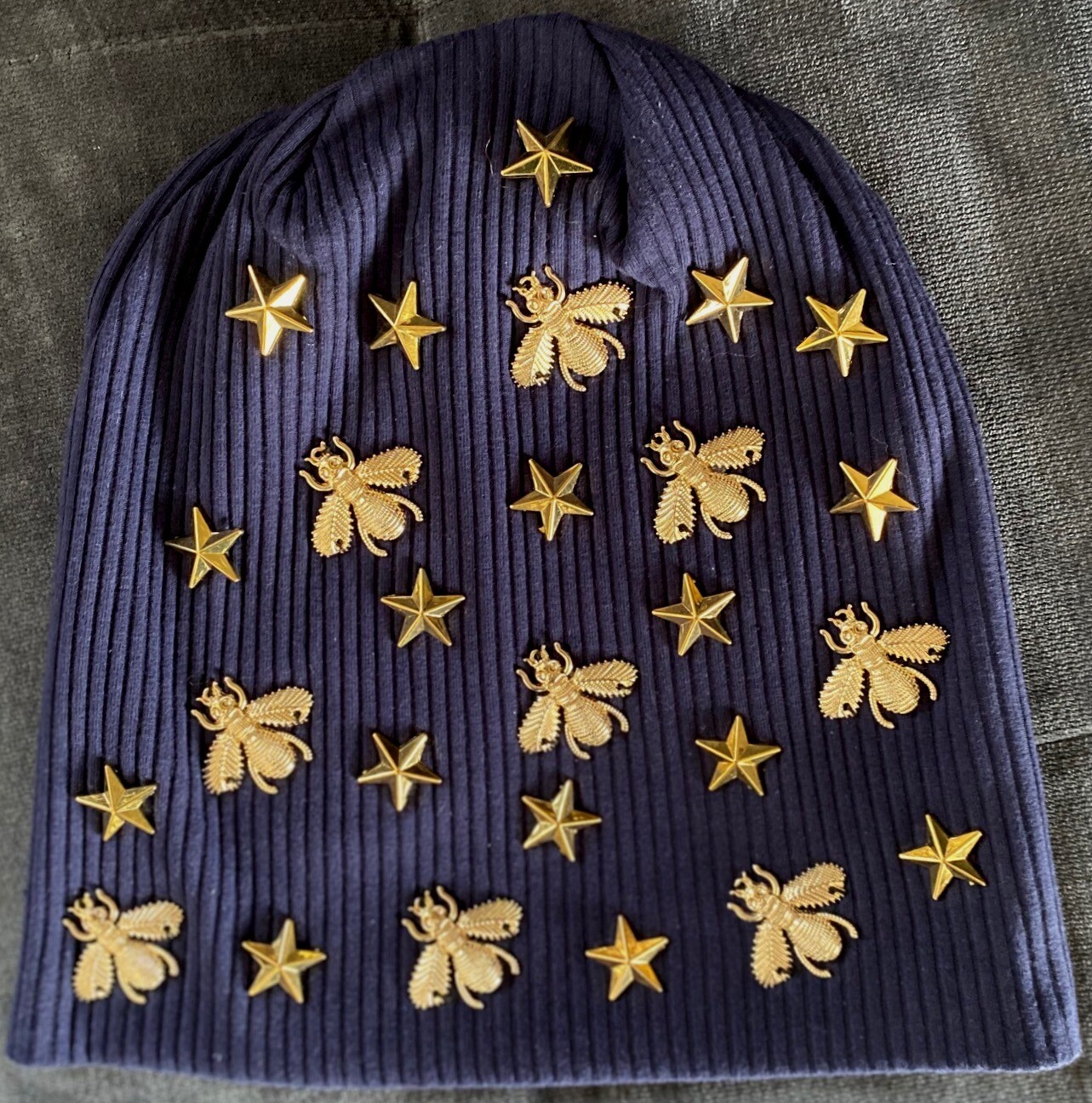 Navy ribbed super fancy beanie