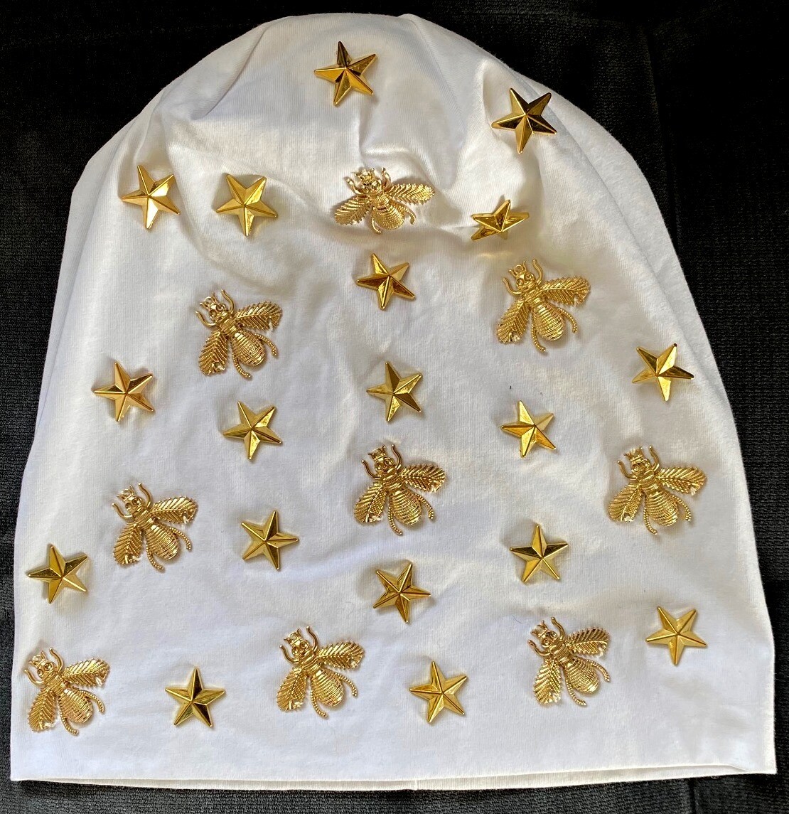 White flat cotton super fancy beanie