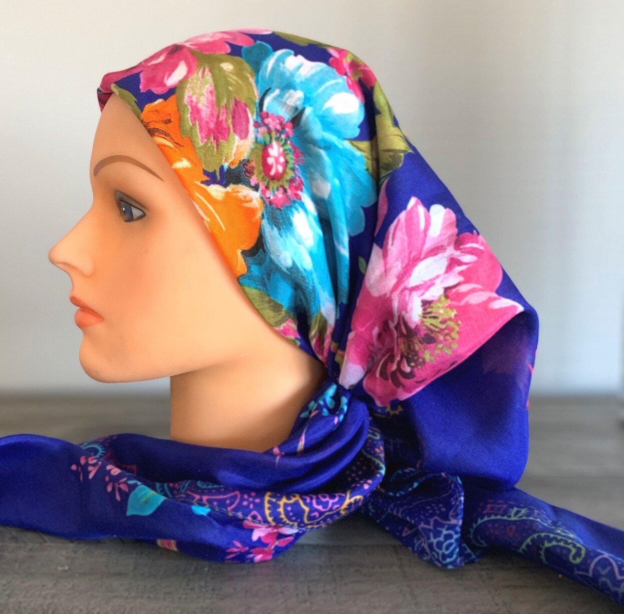 Royal blue burst of flowers - pretied Turkish Tichel