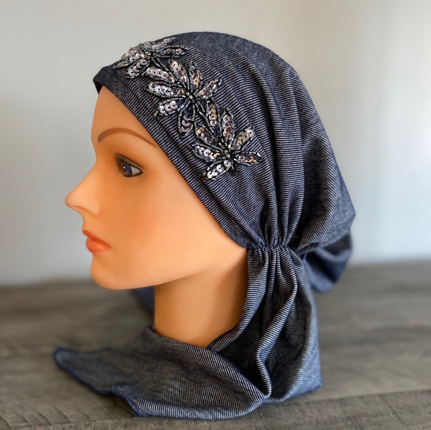 Denim blue with applique pre-tied tichel