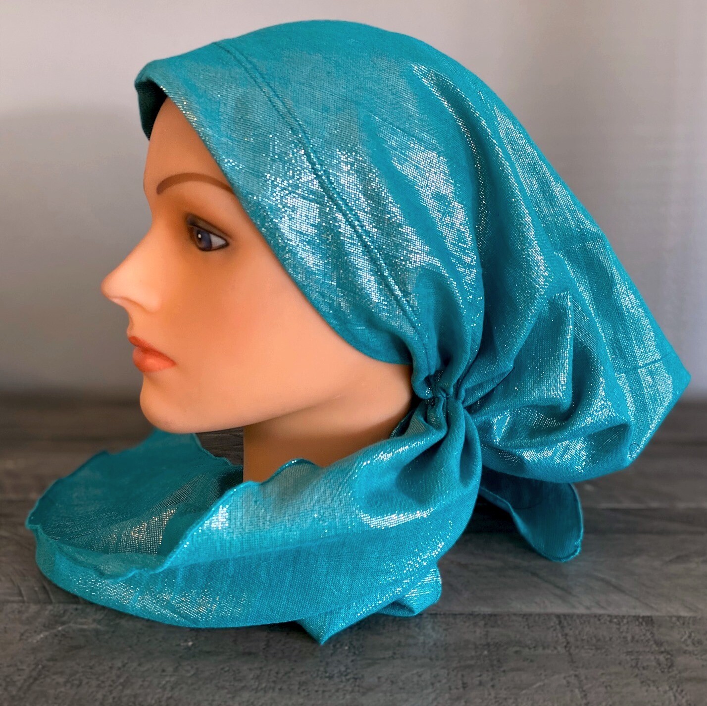 Turquoise solid shimmer pretied tichel