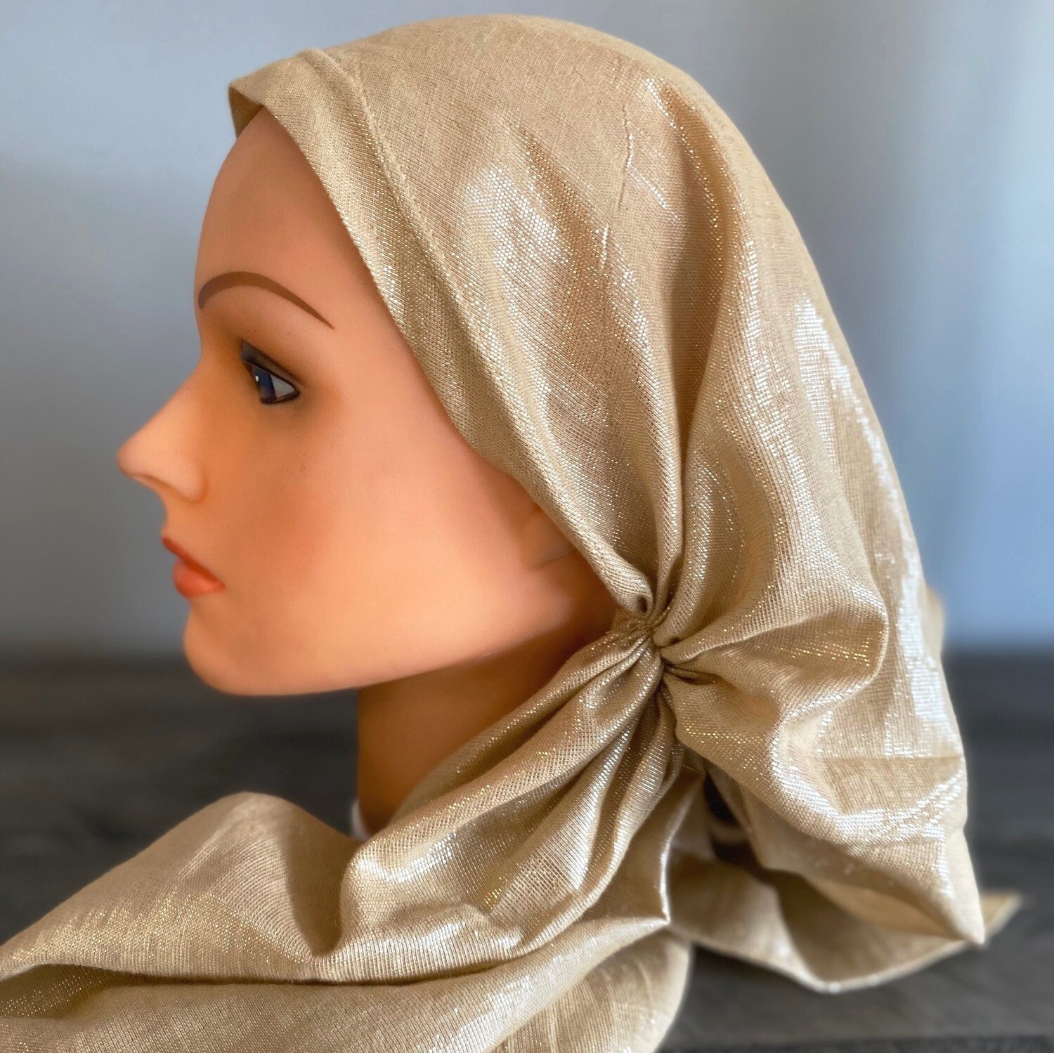Tan/gold shimmering pre tied tichel