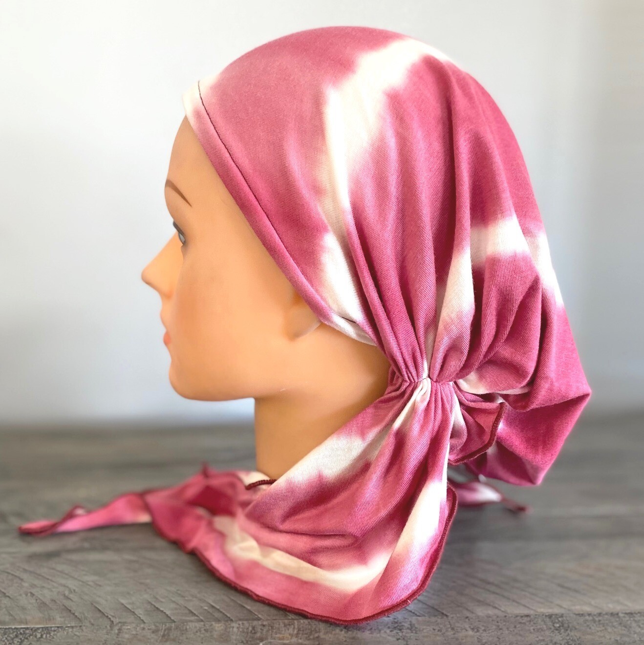 Pink tie dyed pre-tied tichel