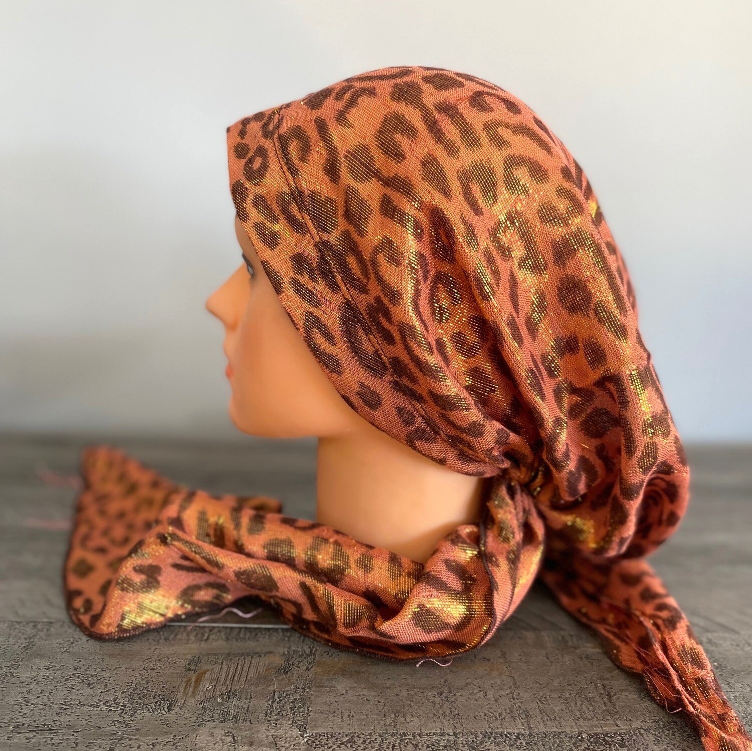 Pink leopard print shimmer pretied tichel, choose: plain