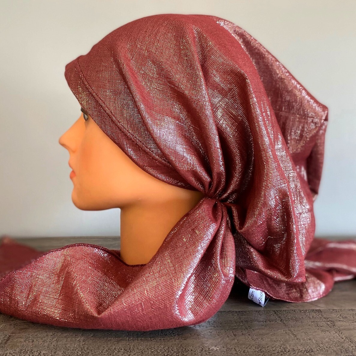 Maroon solid shimmer pretied tichel