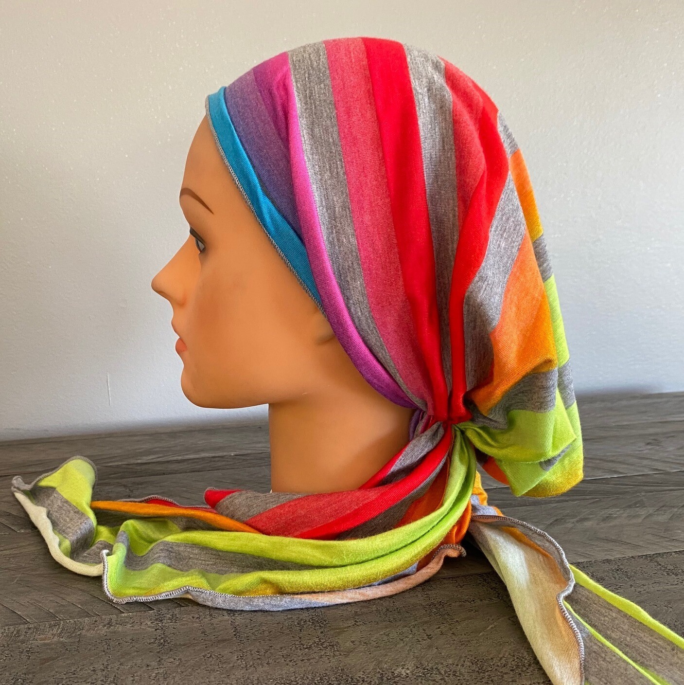Rainbow striped pre-tied tichel