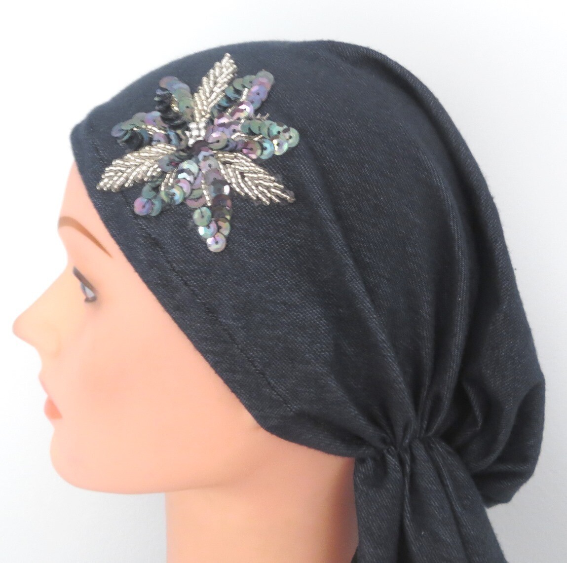 Denim with applique pre-tied tichel