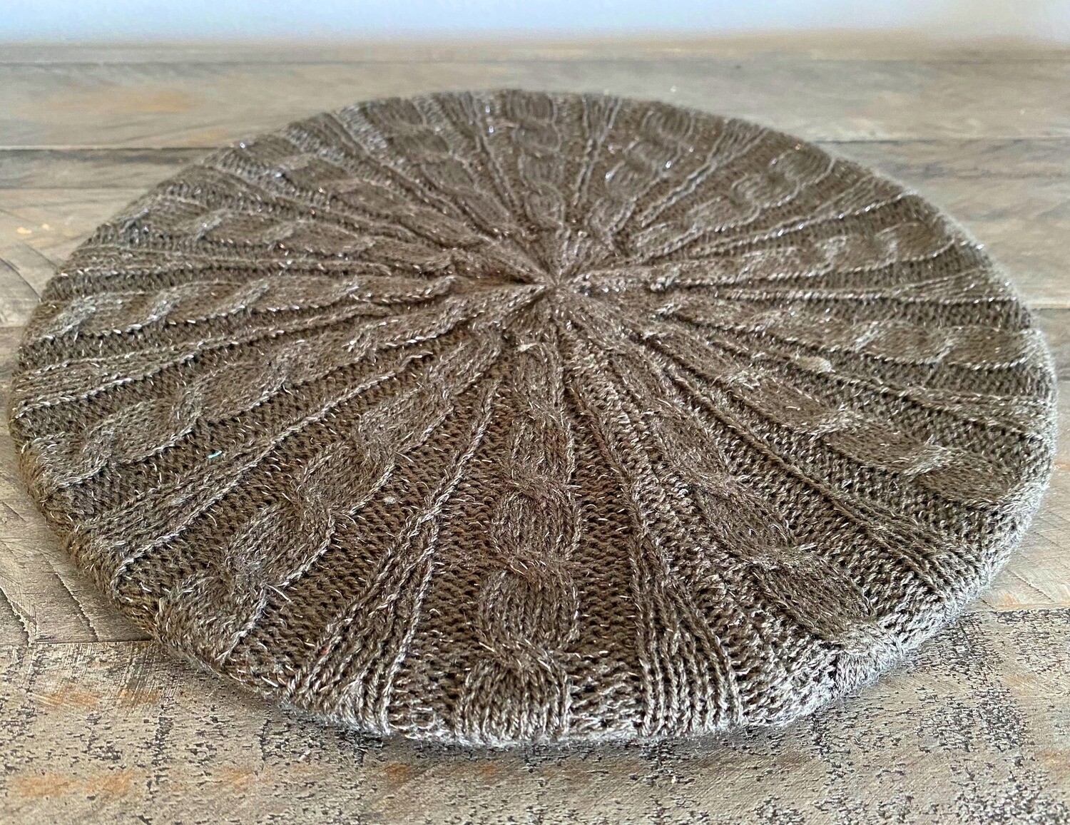 Gray  w/ silver sparkle cable beret/snood