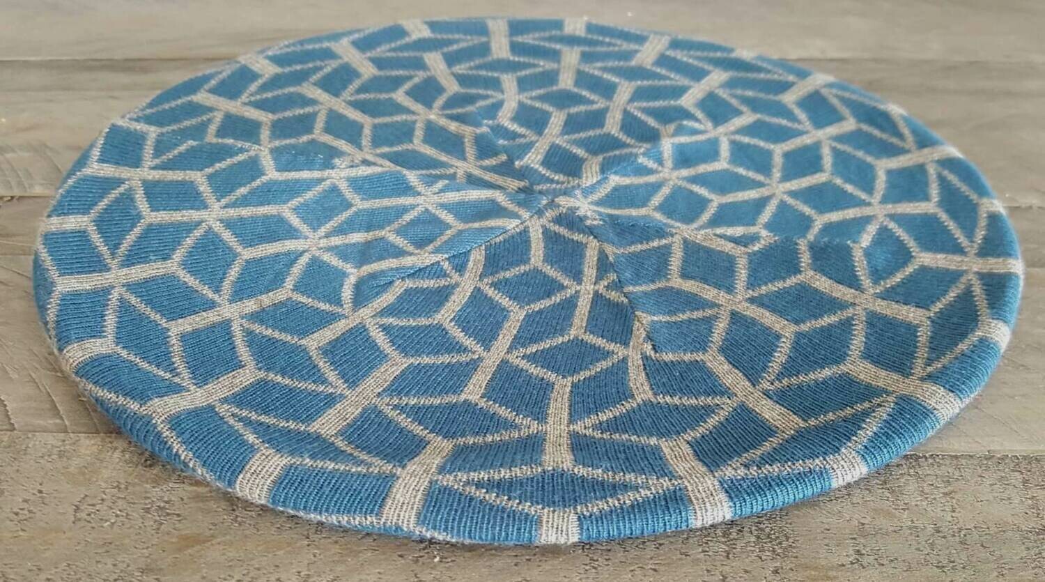 Denim/gray mosaic pattern beret/snood