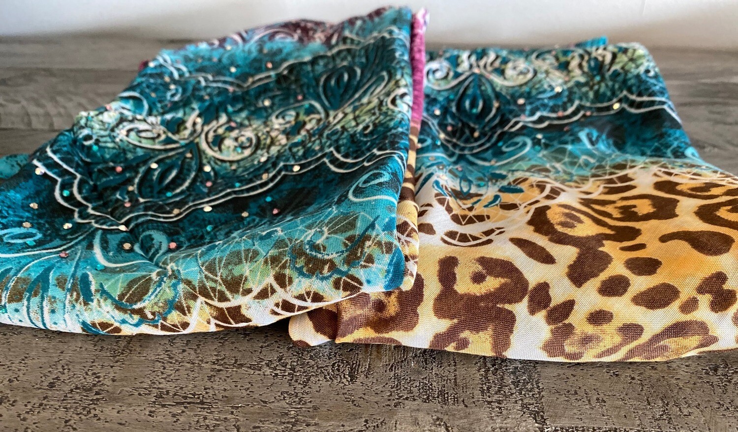 Teal  w/animal pattern hand decorated tichel