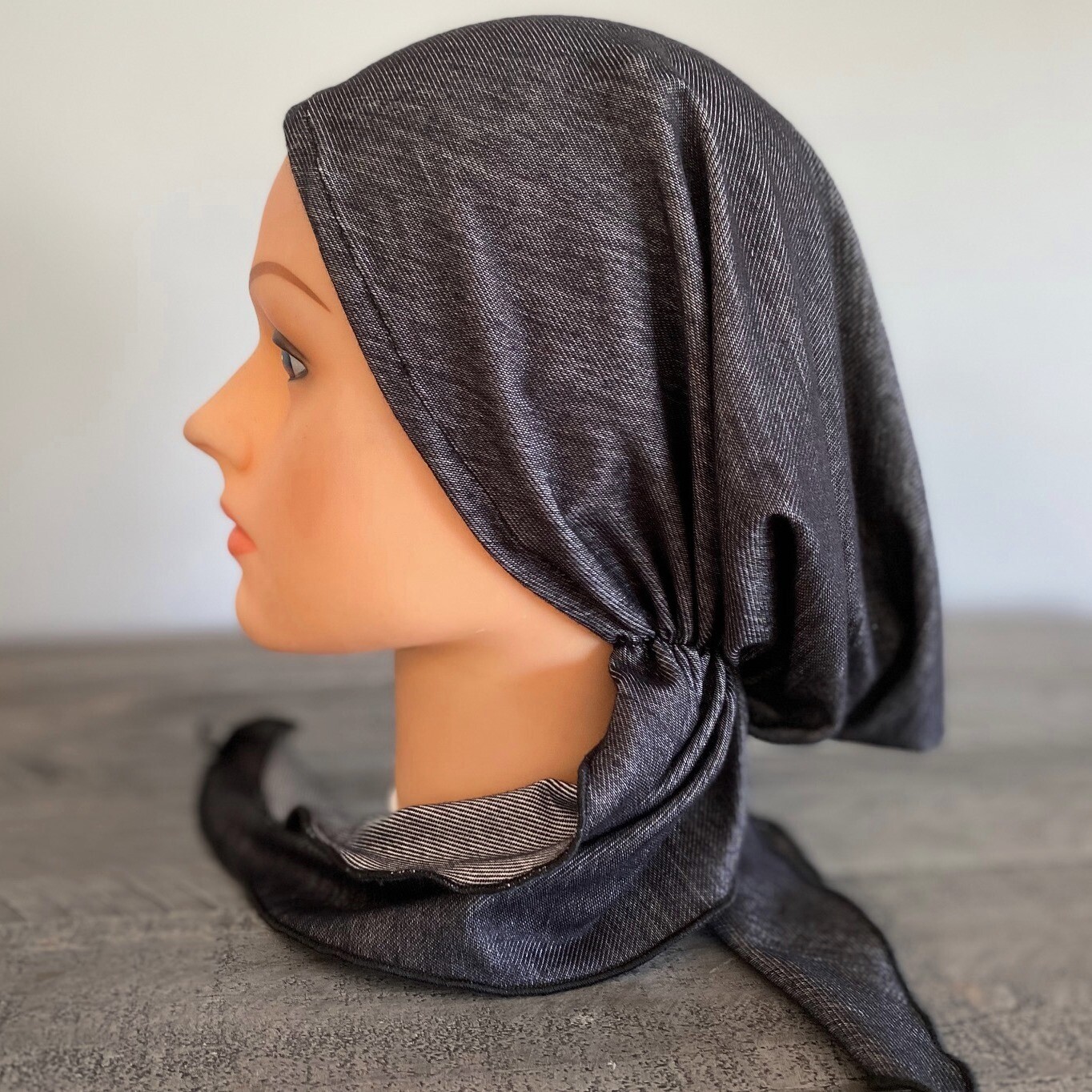 Black denim pre-tied tichel