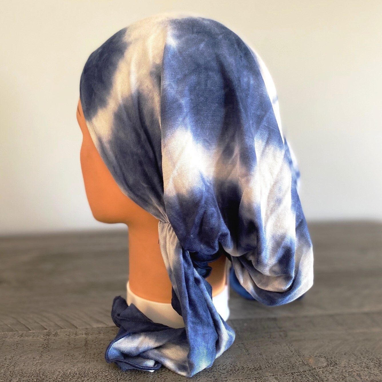 Blue tie dyed pre-tied tichel
