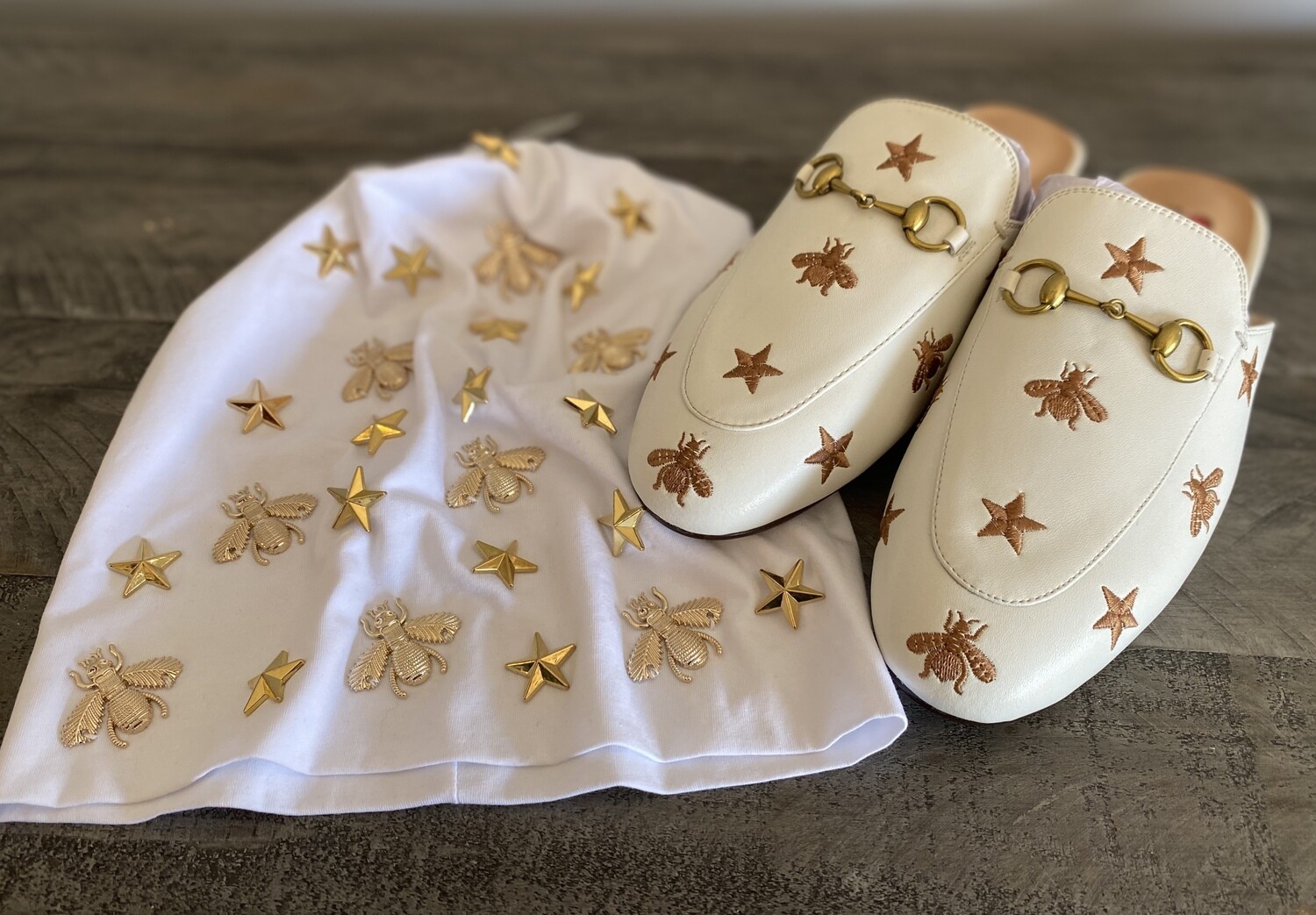 White leather slide mules w/bugs n stars