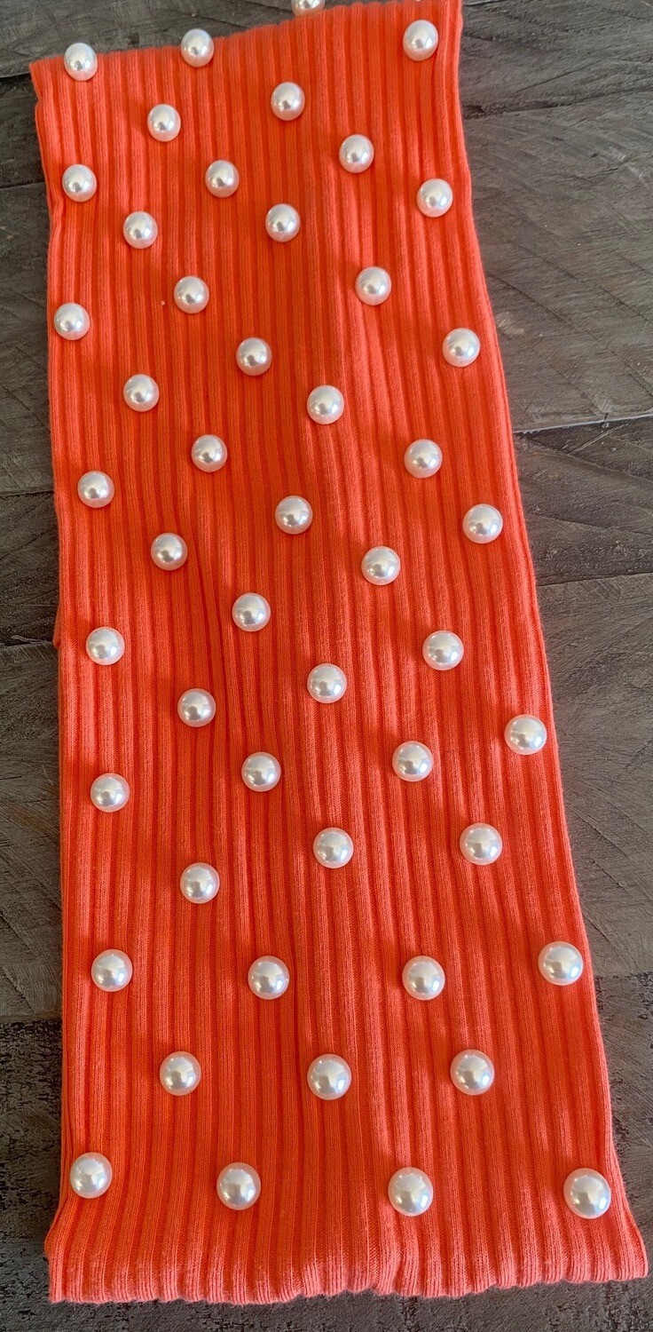 Flat ribbed pearled headbands (wider), choose: neon coral