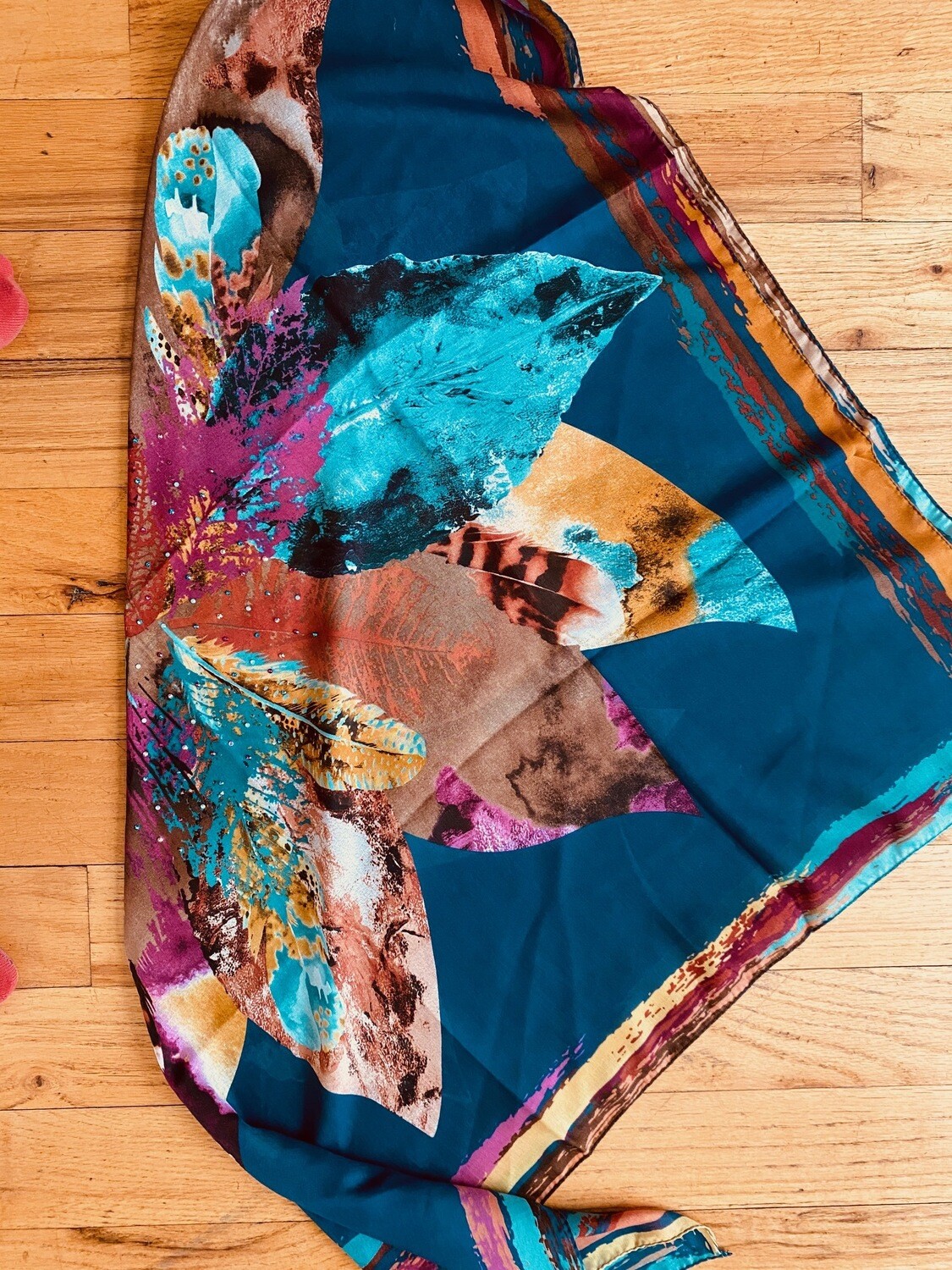 Teal w/floral pattern hand decorated tichel